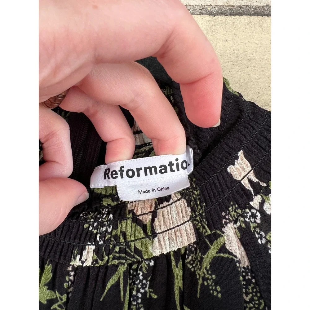 Reformation Valentin Midi Dress Black Floral Smocked High Neck Size Small 4 - Picture 3 of 8